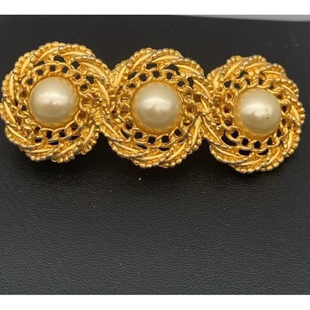 Vintage Gold Tone And Faux Pearl Brooch Style Hair Barrette / Clip